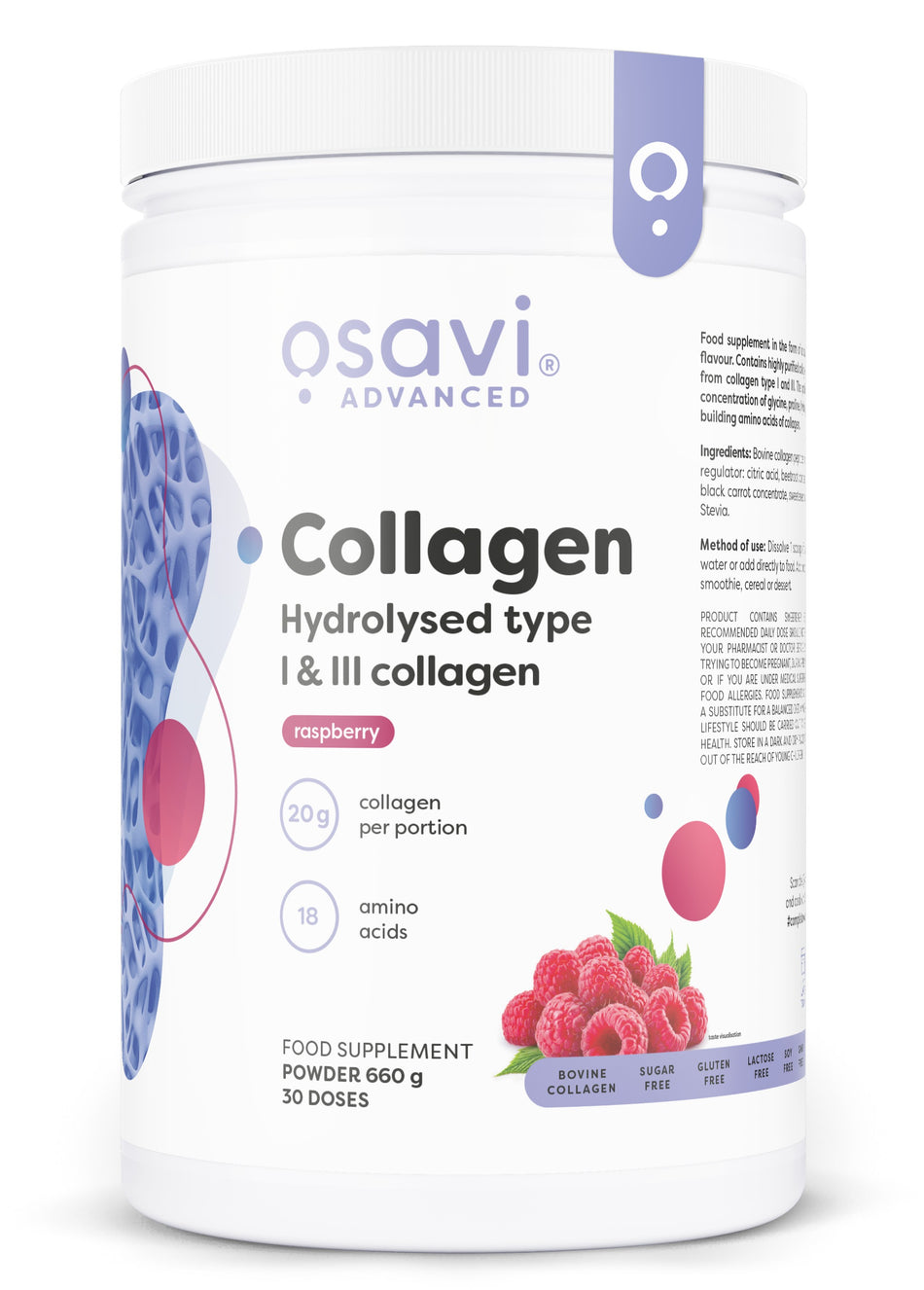 Osavi Collagen Hydrolysed Type I & III, Raspberry 660g- Lillys Pharmacy and Health Store