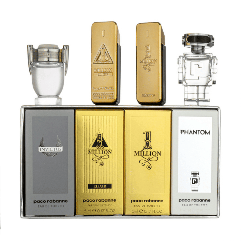 Paco Rabanne Mens 4pc Miniature Gift Set 5ml One Million Edt Spr, 5ml One Million Elixir Parfum Intense Spr, 5ml Invictus Edt Spr, 5ml Phantom Edt Spr- Lillys Pharmacy and Health Store