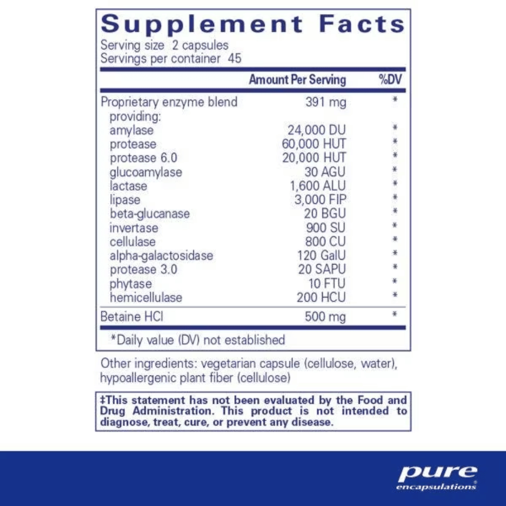 Pure Encapsulations Digestive Enzymes Ultra with Betaine HCl 90's- Lillys Pharmacy and Health Store