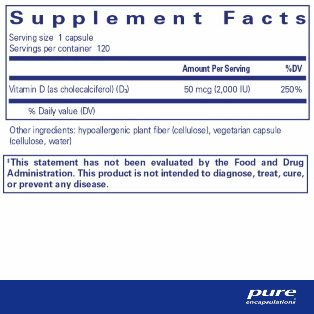 Pure Encapsulations Vitamin D3 (vegan) 2,000 IU 120's- Lillys Pharmacy and Health Store