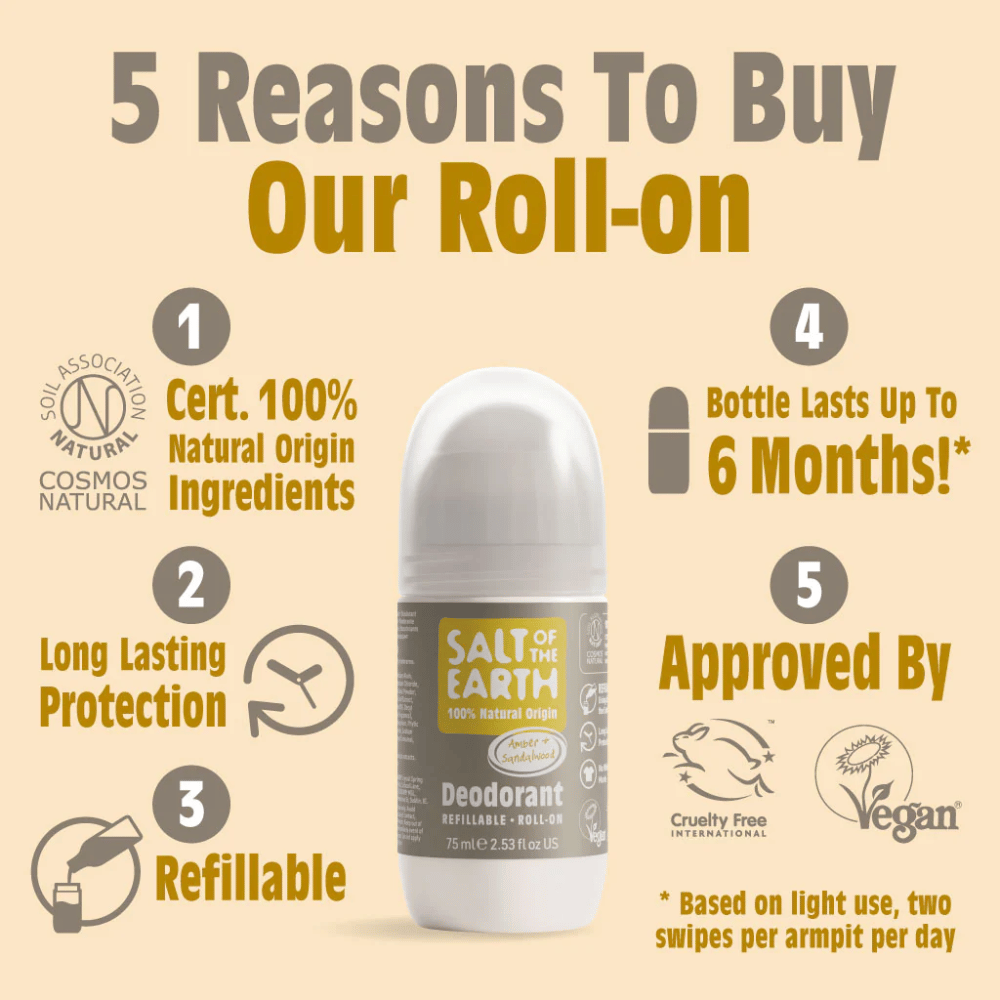 Salt Of The Earth Amber & Sandalwood Natural Refillable Roll-On Deodorant 75ml- Lillys Pharmacy and Health Store