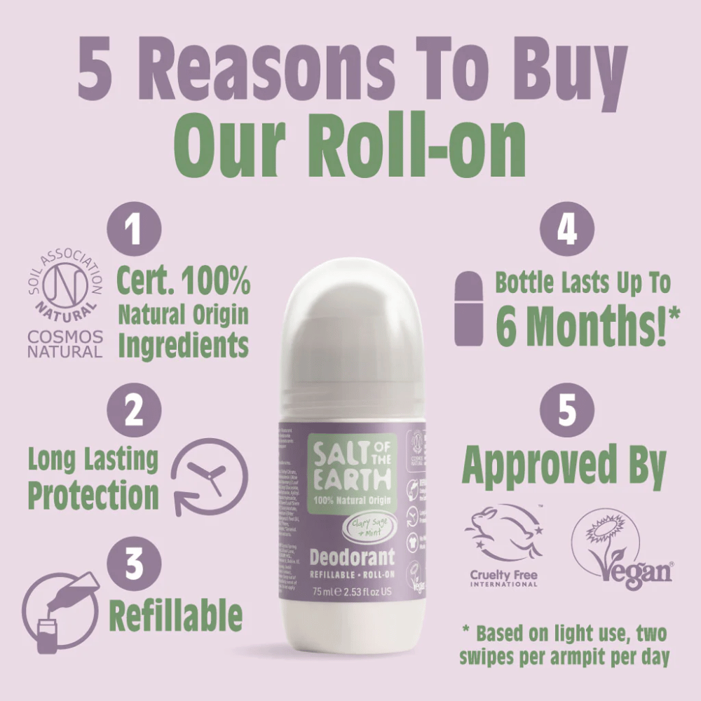 Salt Of The Earth Clary Sage & Mint Natural Refillable Roll-On Deodorant 75ml- Lillys Pharmacy and Health Store