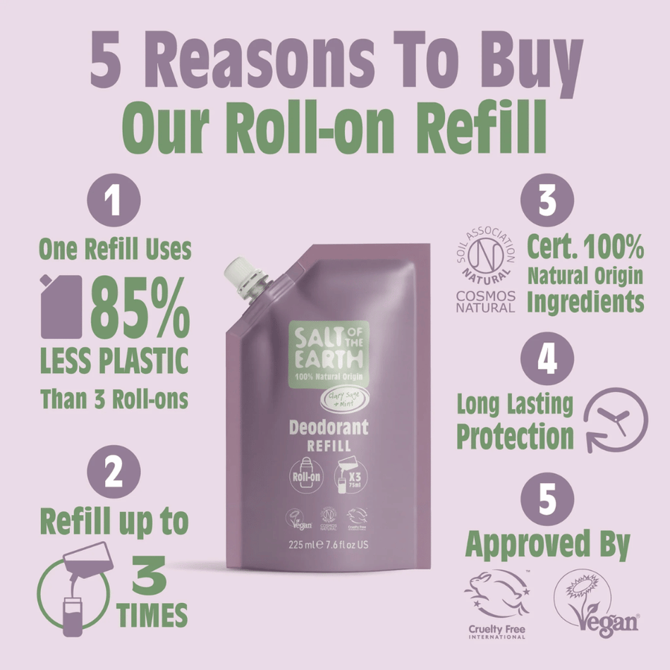 Salt Of The Earth Clary Sage & Mint Roll-On Refill Pouch 225ml- Lillys Pharmacy and Health Store