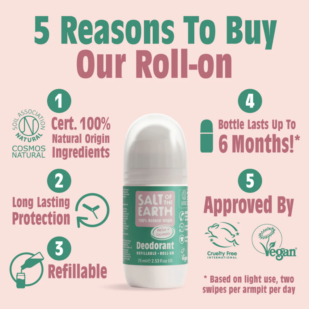 Salt Of The Earth Melon & Cucumber Natural Refillable Roll-On Deodorant 75ml- Lillys Pharmacy and Health Store