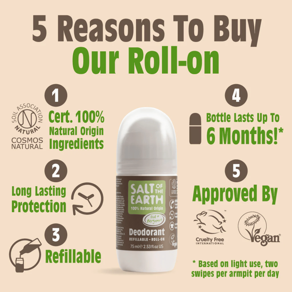 Salt Of The Earth Oud & Bergamot Natural Refillable Roll-On Deodorant 75ml- Lillys Pharmacy and Health Store