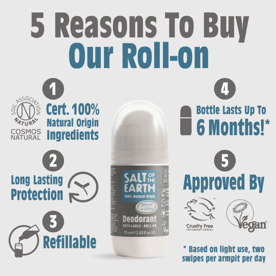 Salt Of The Earth Vetiver & Citrus Natural Refillable Roll-On Deodorant 75ml- Lillys Pharmacy and Health Store
