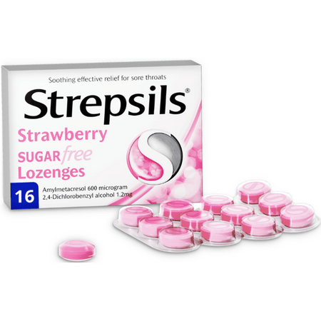 Strepsils Strawberry Sugar Free Lozenges / 16- Lillys Pharmacy and Health Store