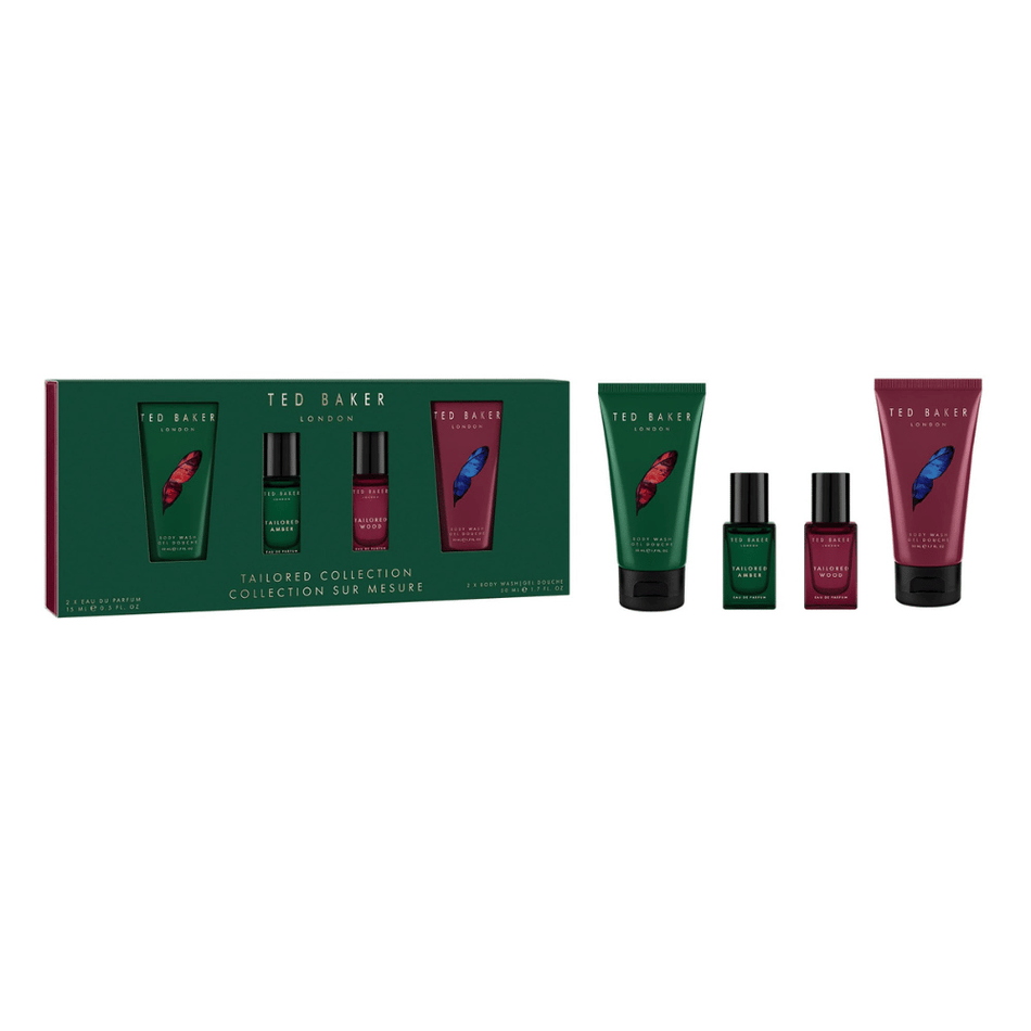 Ted Baker Tailored 15ml 4 Piece Gift Set - 15ml Amber Eau de Parfum Spray, 15ml Wood Eau de Parfum Spray, 50ml Amber Body WAsh, 50ml Wood Body Wash- Lillys Pharmacy and Health Store