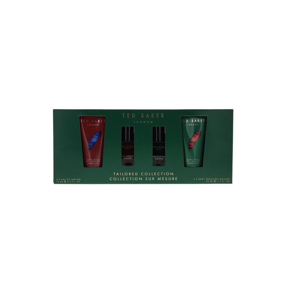 Ted Baker Tailored 15ml 4 Piece Gift Set - 15ml Amber Eau de Parfum Spray, 15ml Wood Eau de Parfum Spray, 50ml Amber Body WAsh, 50ml Wood Body Wash- Lillys Pharmacy and Health Store