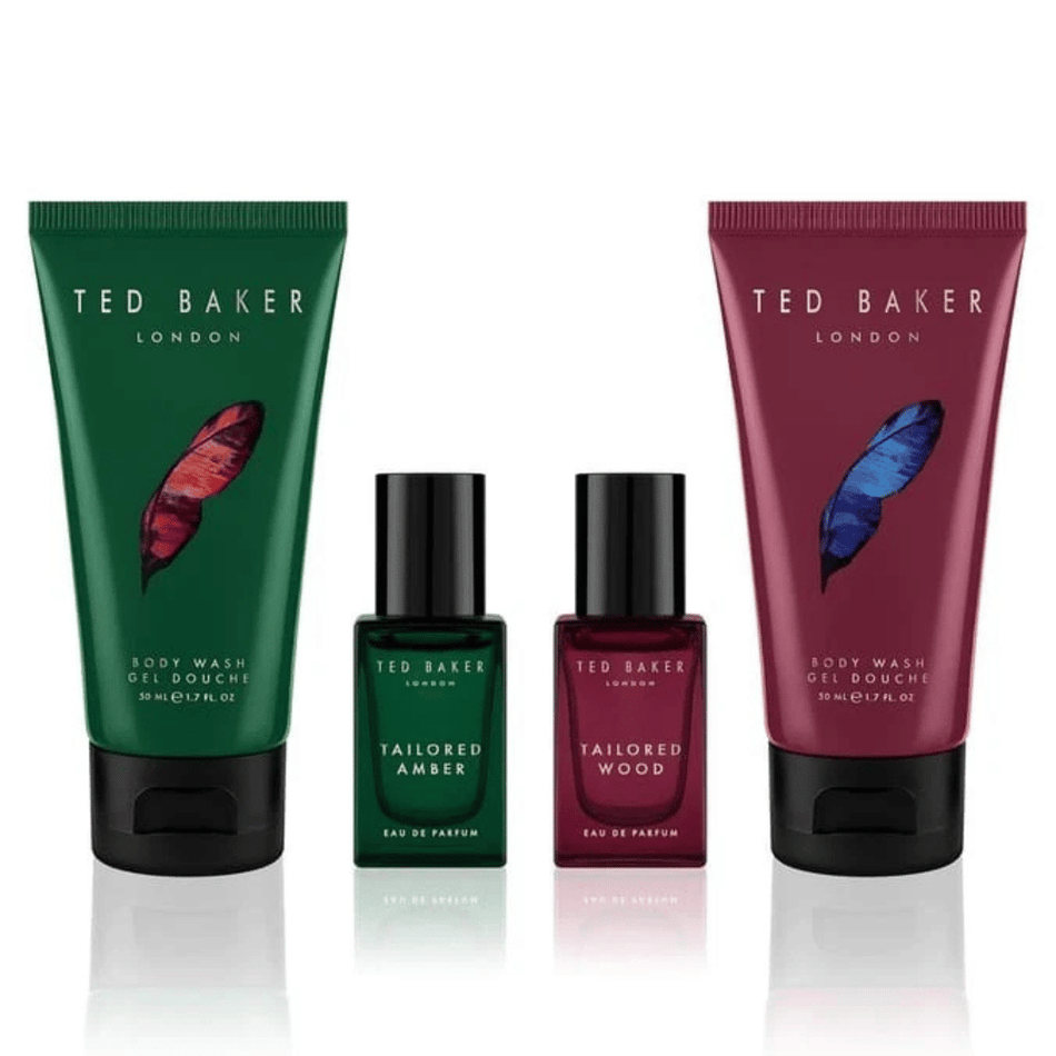 Ted Baker Tailored 15ml 4 Piece Gift Set - 15ml Amber Eau de Parfum Spray, 15ml Wood Eau de Parfum Spray, 50ml Amber Body WAsh, 50ml Wood Body Wash- Lillys Pharmacy and Health Store