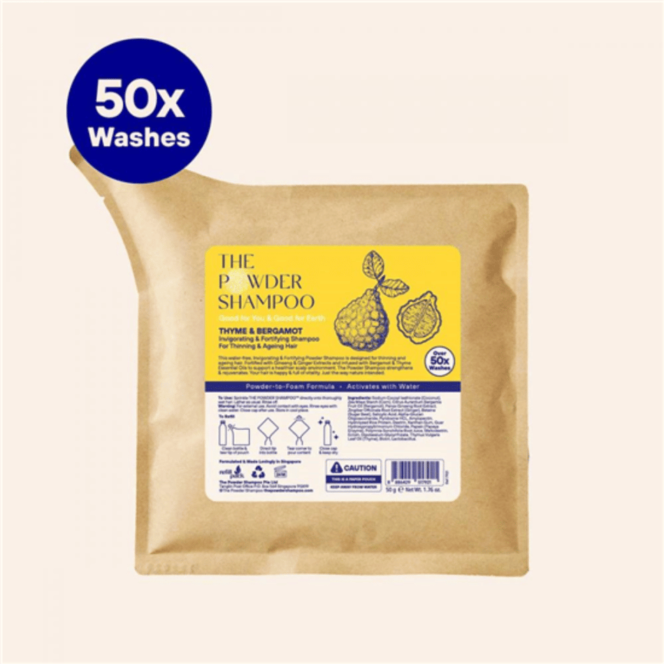 The Powder Shampoo Bergamot & Thyme Invigorating Shampoo for Thinning & Ageing Hair Refill Pouch 50g- Lillys Pharmacy and Health Store