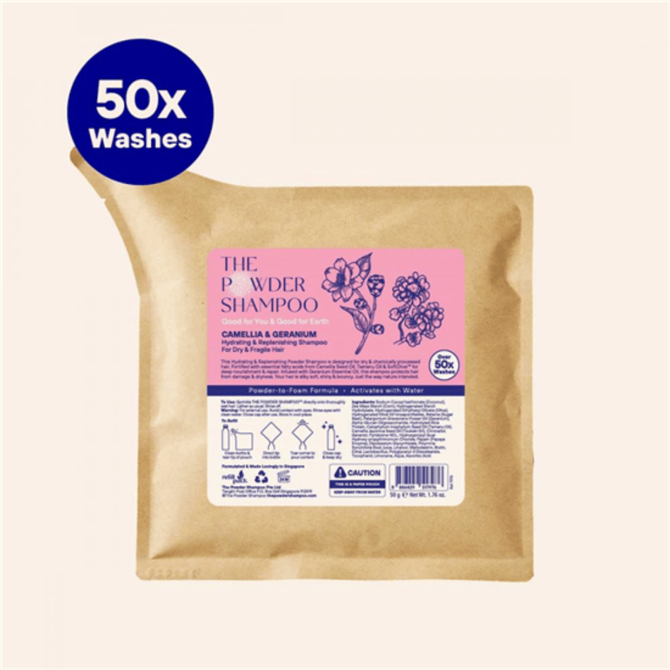 The Powder Shampoo Camellia & Geranium Hydrating Shampoo For Dry & Fragile Hair Refill Pouch 50g- Lillys Pharmacy and Health Store
