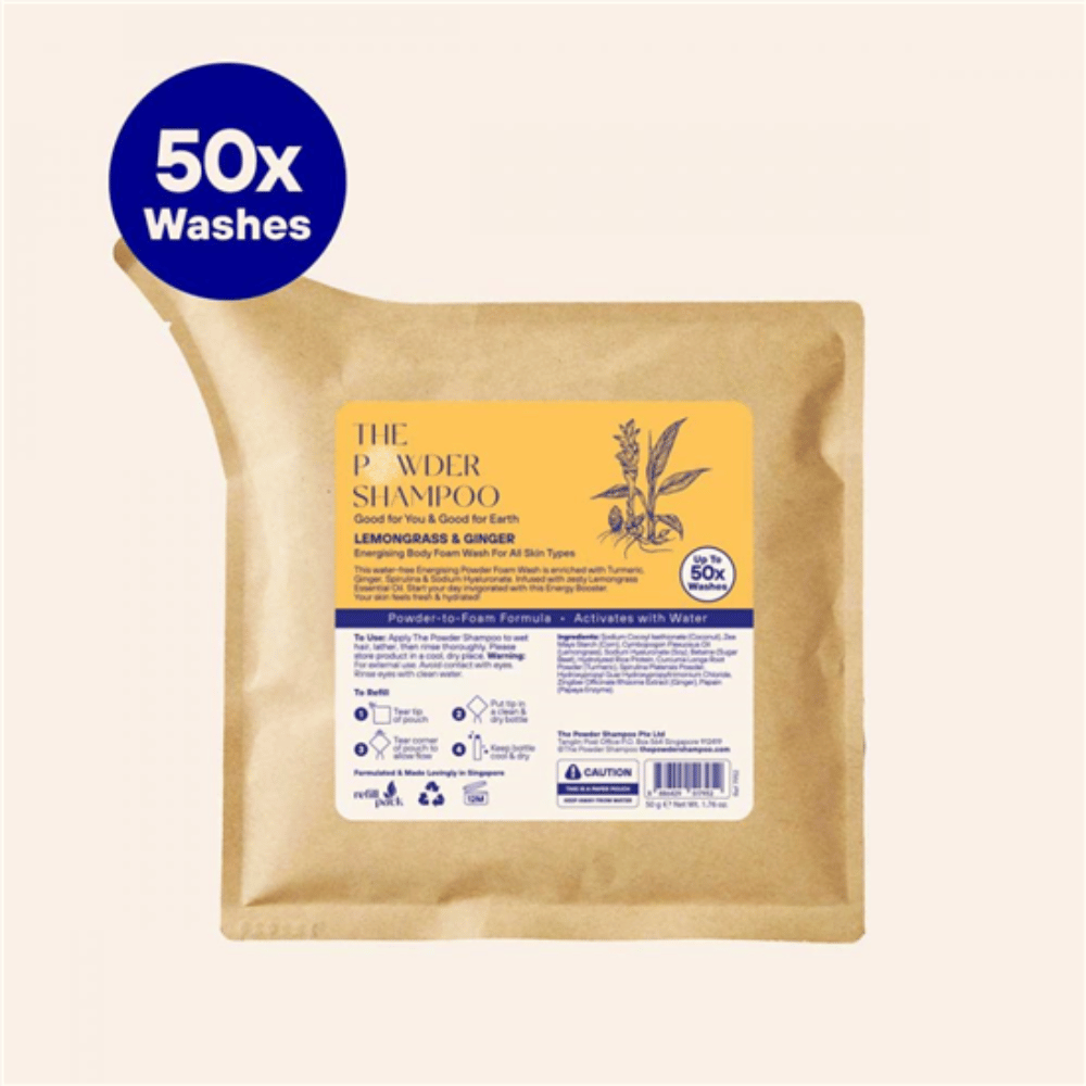 The Powder Shampoo Lemongrass & Ginger Energising Body Foam Wash Refill Pouch 50g- Lillys Pharmacy and Health Store