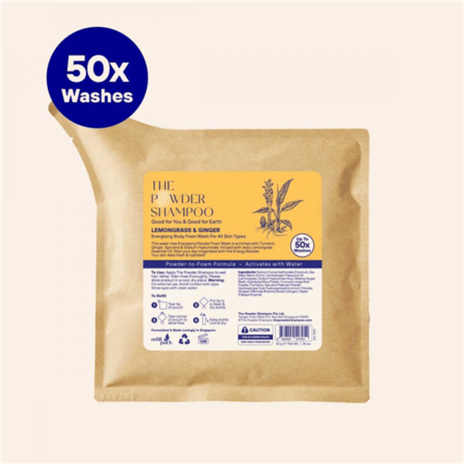 The Powder Shampoo Lemongrass & Ginger Energising Body Foam Wash Refill Pouch 50g- Lillys Pharmacy and Health Store