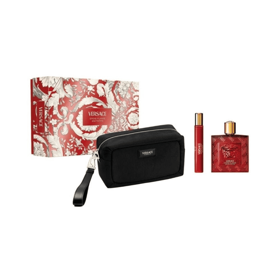 Versace Eros Flame 100ml 3 Piece Gift Set - 100ml Eau de Parfum Spray, 10ml Eau de Parfum Spray, Toiletry Bag- Lillys Pharmacy and Health Store