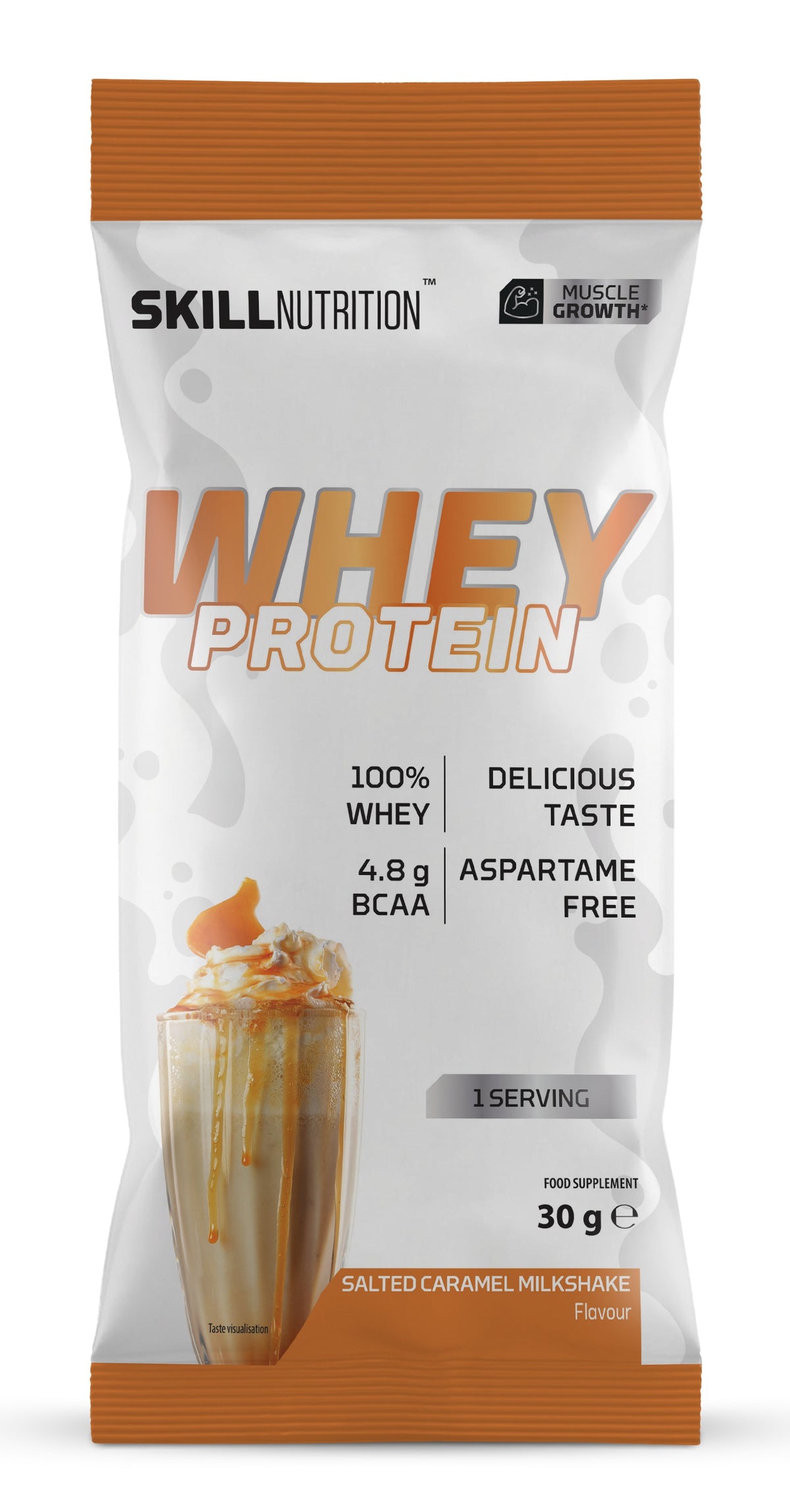 Skill Nutrition Whey Protein Powder, Salted Caramel Milkshake - 30g (1 serving)